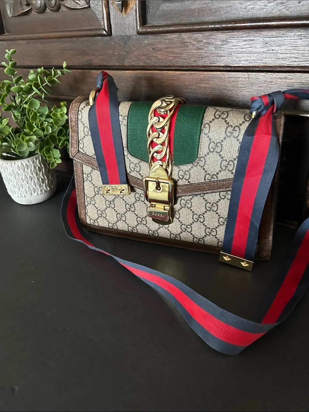 Beautiful Beige Crossbody with Green and Red-Blue Web Strap